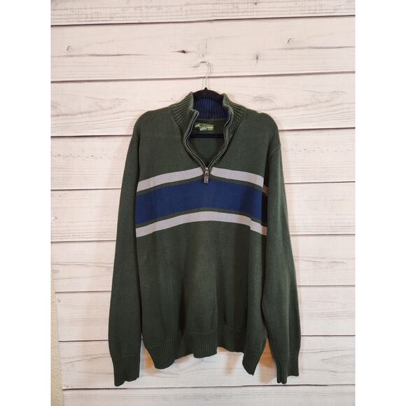 Eddie Bauer Mens Green Blue Striped 1/4 Zip Long Sleeve Pullover Sweater Size XL - Picture 1 of 6